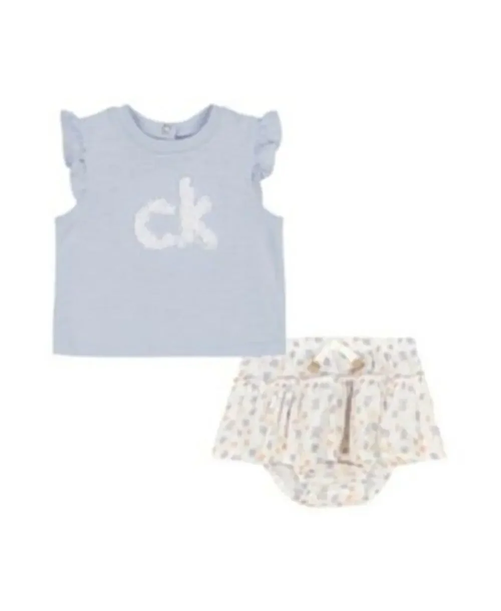 Calvin Klein Baby 2-Piece Rosette Logo Shirt Gauze Skirted Diaper Cover Set NWT